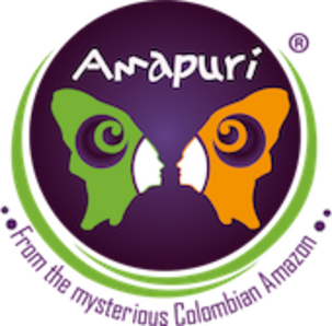 Logo with two butterfly wings, one green and one orange, featuring silhouettes of faces. Text reads: "Arapuri from the mysterious Colombian Amazon.