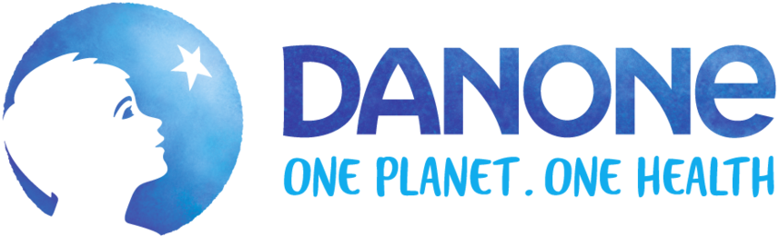 Danone logo with a silhouette of a child's face looking at a star, accompanied by the text "One Planet. One Health.