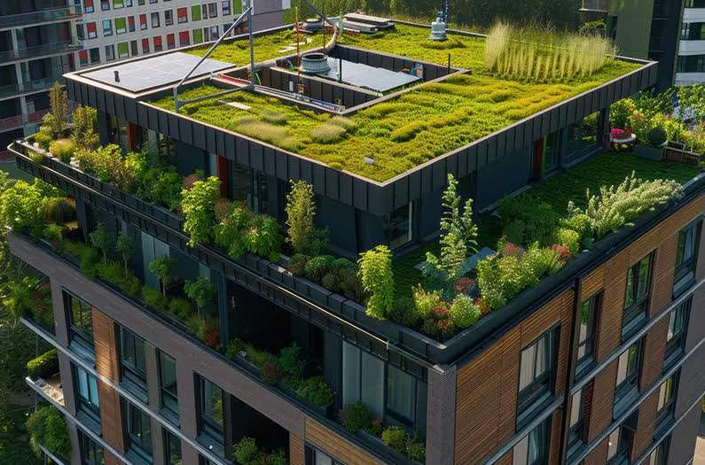 Rooftop garden on modern urban building.