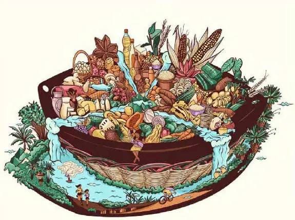 Basket overflowing with diverse food and plants.