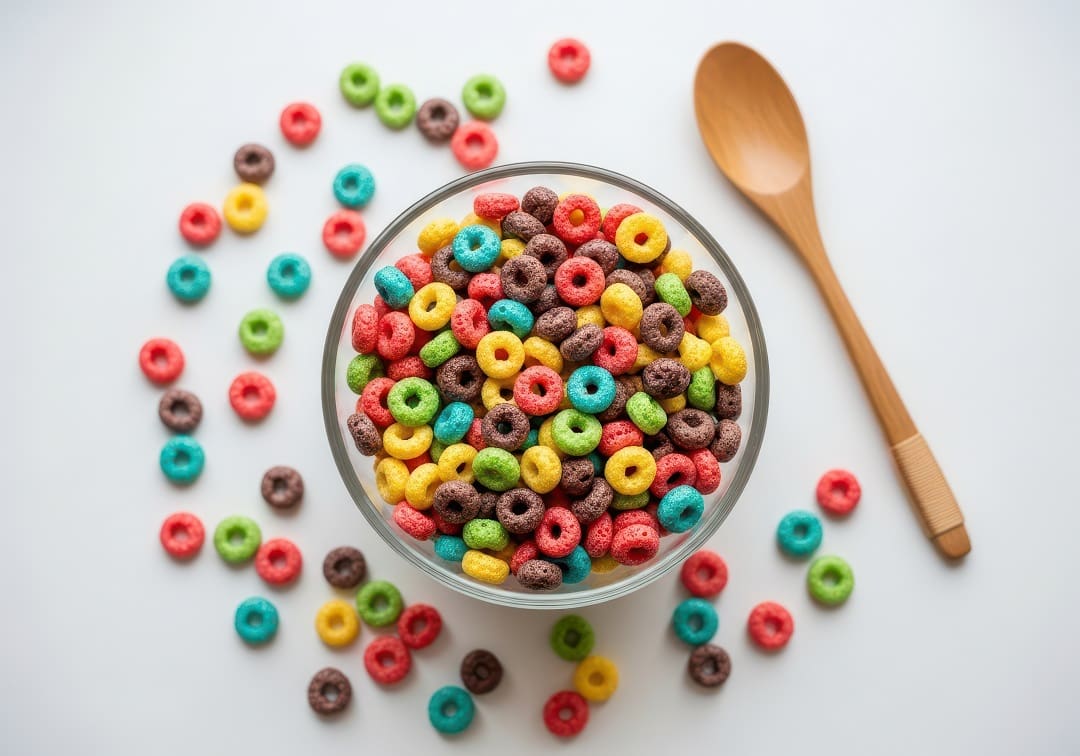 A vibrant image of colorful cereal loops in a glass bowl with a wooden spoon. The cereal loops are scattered around the bowl, creating a playful and appetizing scene. The bright colors of the cereal make it visually appealing and perfect for breakfast themes.